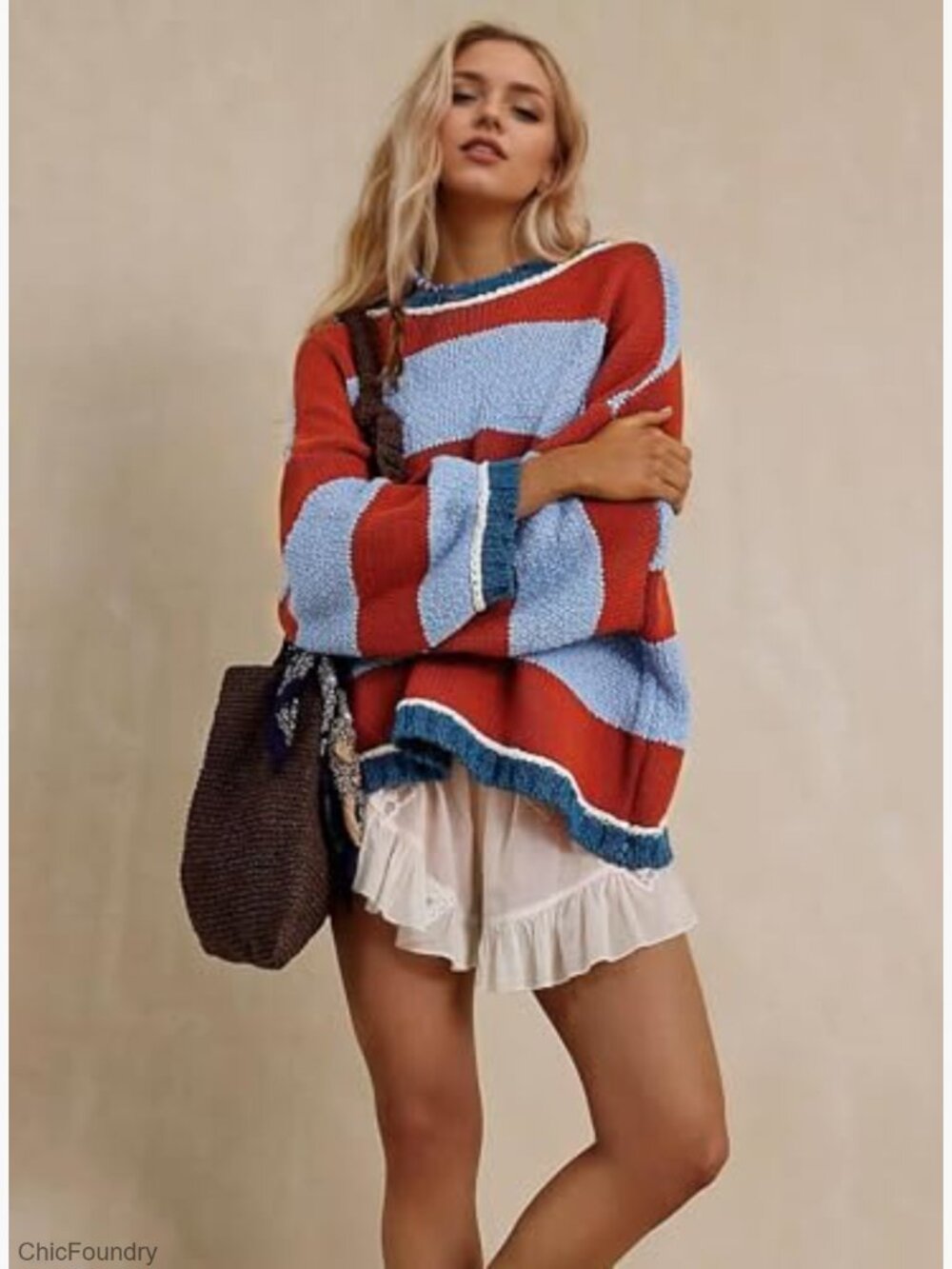 Chunky Knit Striped Sweater Oversized Pullover Long Sleeve Crew Neck - Picture 2 of 7